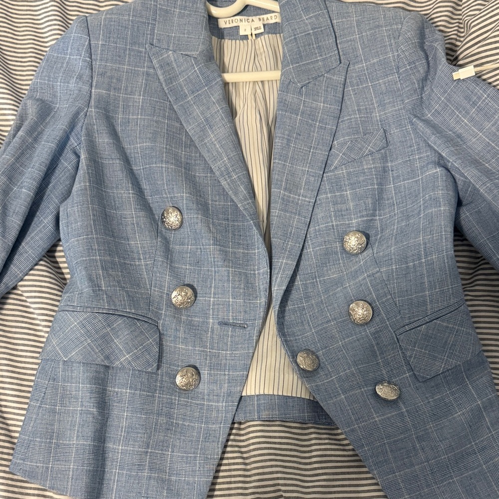 Veronica Beard Blue Plaid Blazer with Silver Buttons